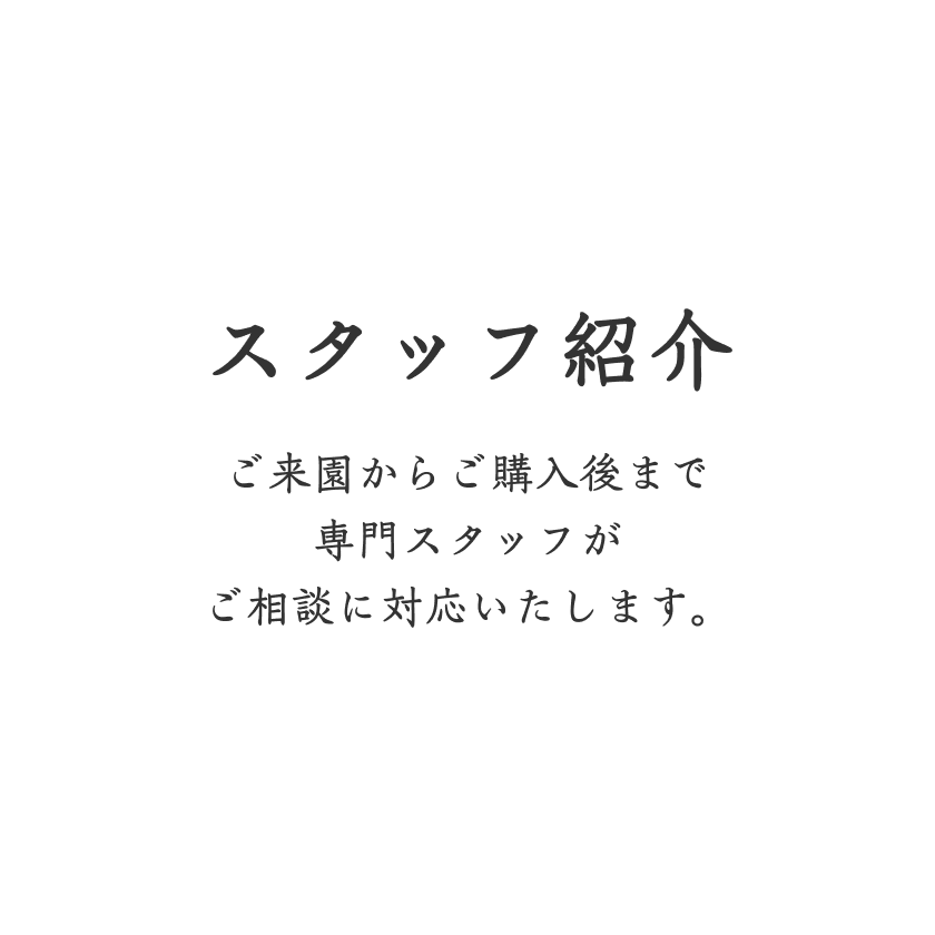 スタッフ紹介 ご来園からご購入後まで専門スタッフがご相談に対応いたします。